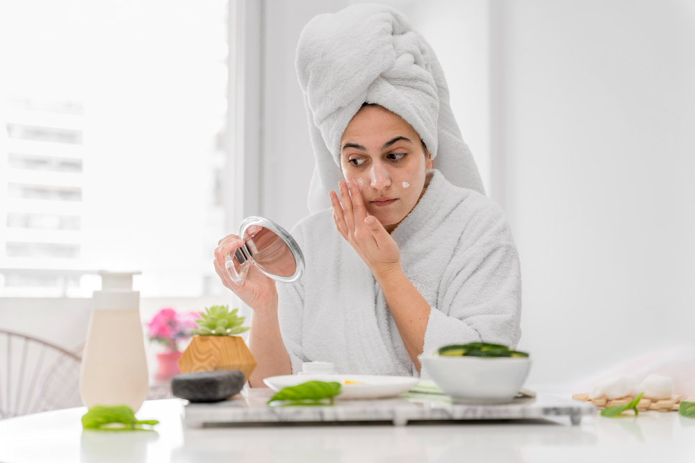 a woman preparing for make up for dusky skin 