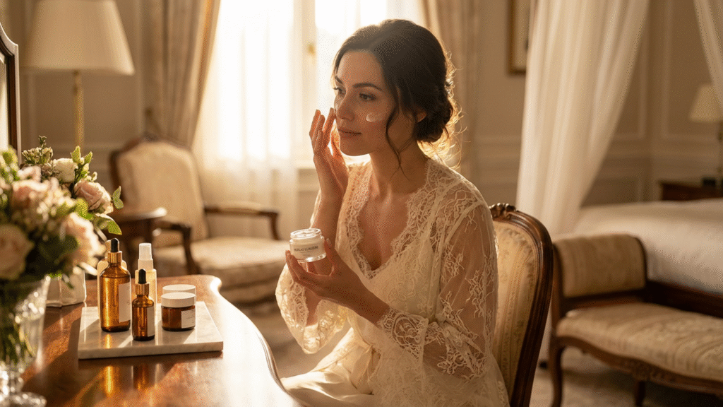 bride doing the basic skin care